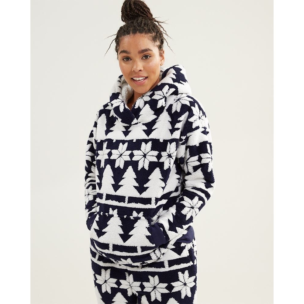 Vera Bradley Jacquard Fleece Hoodie in Nordic Forest Stripe Blue White Small